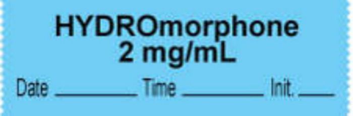Anesthesia Tape with Date, Time & Initial | Tall-Man Lettering (Removable) "Hydromorphone 2 mg/ml" 1/2" x 500" Blue - 333 Imprints - 500 Inches per Roll