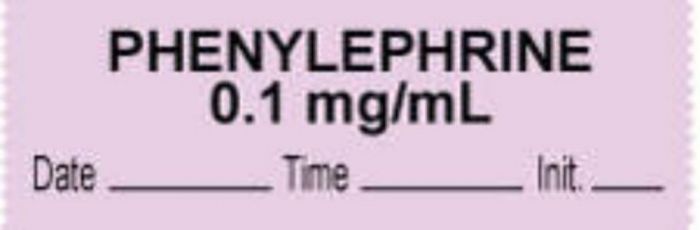 Anesthesia Tape with Date, Time & Initial (Removable) "Phenylephrine 0.1 mg/ml" 1/2" x 500" Violet - 333 Imprints - 500 Inches per Roll