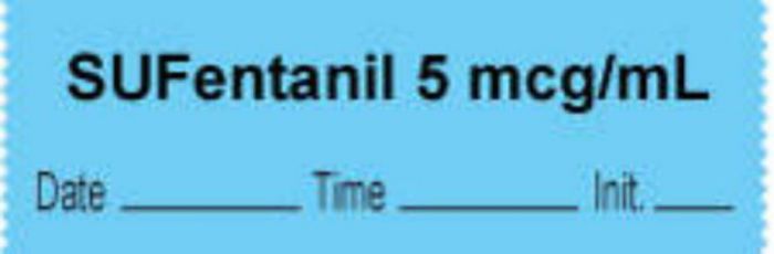 Anesthesia Tape with Date, Time & Initial | Tall-Man Lettering (Removable) "Sufentanil 5 mcg/ml" 1/2" x 500" Blue - 333 Imprints - 500 Inches per Roll