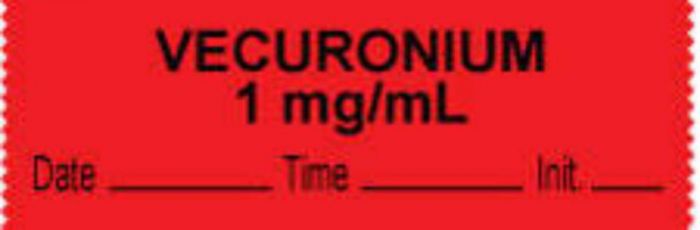 Anesthesia Tape with Date, Time & Initial (Removable) "Vecuronium 1 mg/ml" 1/2" x 500" Fluorescent Red - 333 Imprints - 500 Inches per Roll