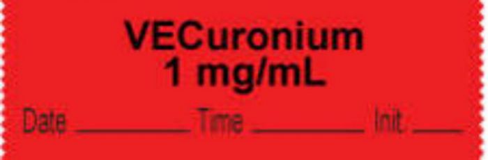 Anesthesia Tape with Date, Time & Initial | Tall-Man Lettering (Removable) "Vecuronium 1 mg/ml" 1/2" x 500" Fluorescent Red - 333 Imprints - 500 Inches per Roll
