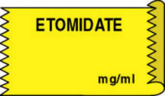Anesthesia Tape with Date, Time & Initial (Removable) Etomidate mg/ml 1/2" x 500" - 333 Imprints - Yellow - 500 Inches per Roll