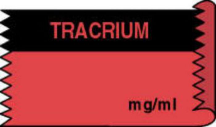 Anesthesia Tape (Removable) Tracrium mg/ml 1/2" x 500" - 333 Imprints - Fluorescent Red and Black - 500 Inches per Roll