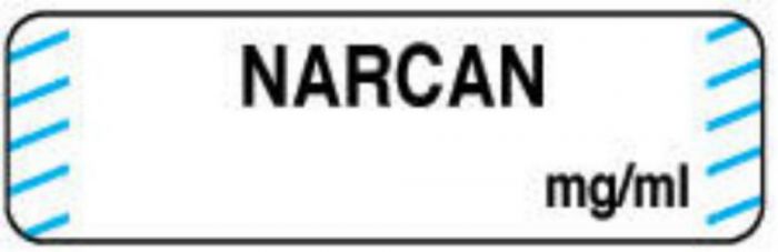 Anesthesia Label (Paper, Permanent) Narcan mg/ml 1 1/4" x 3/8" White with Blue - 1000 per Roll