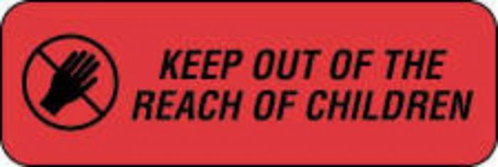 Communication Label (Paper, Permanent) Keep Out of The Reach 1 1/2" x 1/2" Fluorescent Red - 1000 per Roll