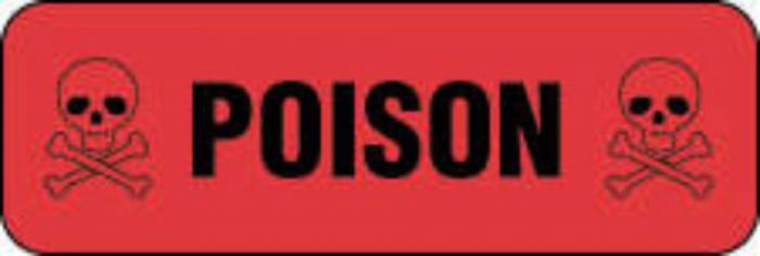 Communication Label (Paper, Permanent) Poison 1 1/2" x 1/2" Fluorescent Red - 1000 per Roll