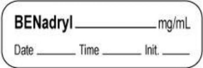 Anesthesia Label with Date, Time & Initial | Tall-Man Lettering (Paper, Permanent) Benadryl mg/ml 1 1/2" x 1/2" White - 1000 per Roll