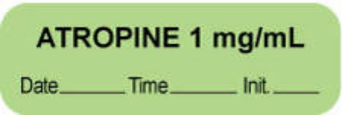 Anesthesia Label with Date, Time & Initial (Paper, Permanent) "Atropine 1 mg/ml" 1 1/2" x 1/2" Green - 1000 per Roll