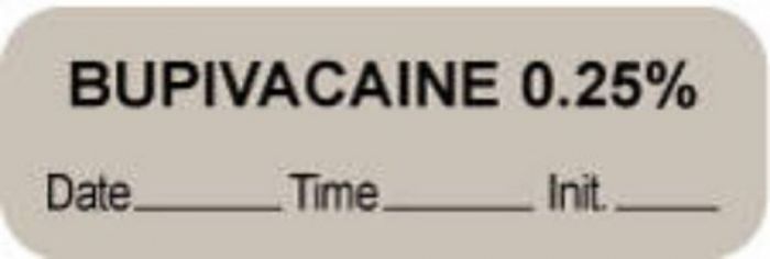 Anesthesia Label with Date, Time & Initial (Paper, Permanent) "Bupivacaine 0.25%" 1 1/2" x 1/2" Gray - 1000 per Roll