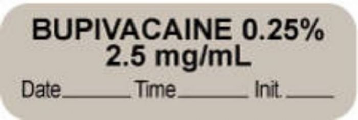 Anesthesia Label with Date, Time & Initial (Paper, Permanent) "Bupivacaine 0.25% 2.5 mg/ml 1 1/2" x 1/2" Gray - 1000 per Roll