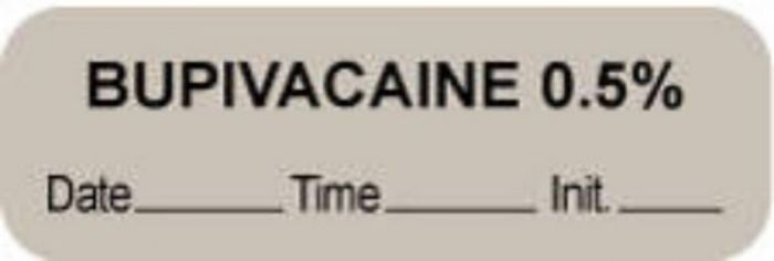 Anesthesia Label with Date, Time & Initial (Paper, Permanent) "Bupivacaine 0.5%" 1 1/2" x 1/2" Gray - 1000 per Roll