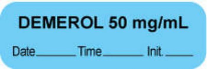 Anesthesia Label with Date, Time & Initial (Paper, Permanent) "Demerol 50 mg/ml" 1 1/2" x 1/2" Blue - 1000 per Roll
