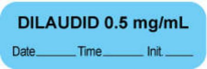 Anesthesia Label with Date, Time & Initial (Paper, Permanent) "Dilaudid 0.5 mg/ml" 1 1/2" x 1/2" Blue - 1000 per Roll