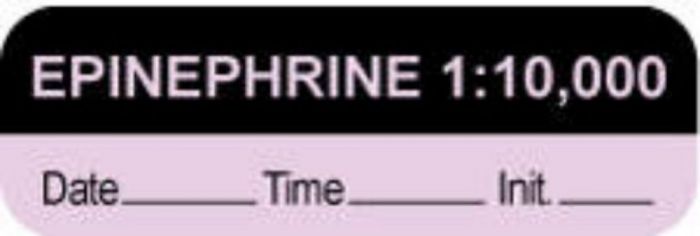 Anesthesia Label with Date, Time & Initial (Paper, Permanent) "Epinephrine 1:10,000" 1 1 1/2" x 1/2" Violet and Black - 1000 per Roll