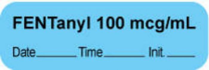 Anesthesia Label with Date, Time & Initial | Tall-Man Lettering (Paper, Permanent) "Fentanyl 100 mcg/ml" 1 1/2" x 1/2" Blue - 1000 per Roll