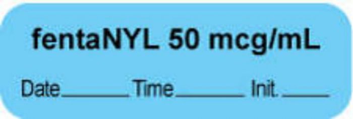 Anesthesia Label with Date, Time & Initial | Tall-Man Lettering (Paper, Permanent) "Fentanyl 50 mcg/ml" 1 1/2" x 1/2" Blue - 1000 per Roll