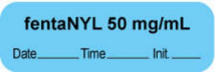 Anesthesia Label with Date, Time & Initial | Tall-Man Lettering (Paper, Permanent) "Fentanyl 50 mg/ml" 1 1/2" x 1/2" Blue - 1000 per Roll