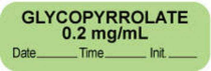 Anesthesia Label with Date, Time & Initial (Paper, Permanent) "Glycopyrrolate 0.2" 1 1/2" x 1/2" Green - 1000 per Roll