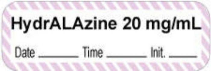 Anesthesia Label with Date, Time & Initial | Tall-Man Lettering (Paper, Permanent) "Hydralazine 20 mg/ml" 1 1/2" x 1/2" White with Violet - 1000 per Roll