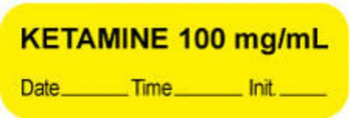 Anesthesia Label with Date, Time & Initial (Paper, Permanent) "Ketamine 100 mg/ml" 1 1/2" x 1/2" Yellow - 1000 per Roll