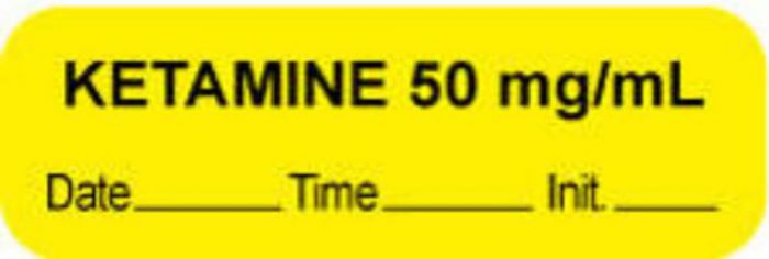 Anesthesia Label with Date, Time & Initial (Paper, Permanent) "Ketamine 50 mg/ml" 1 1/2" x 1/2" Yellow - 1000 per Roll