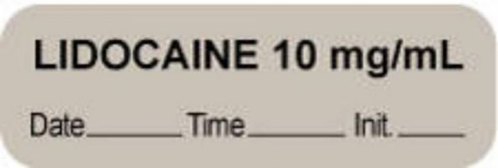 Anesthesia Label with Date, Time & Initial (Paper, Permanent) "Lidocaine 10 mg/ml" 1 1/2" x 1/2" Gray - 1000 per Roll