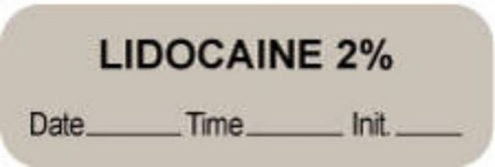 Anesthesia Label with Date, Time & Initial (Paper, Permanent) "Lidocaine 2%" 1 1/2" x 1/2" Gray - 1000 per Roll