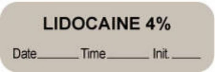 Anesthesia Label with Date, Time & Initial (Paper, Permanent) "Lidocaine 4%" 1 1/2" x 1/2" Gray - 1000 per Roll