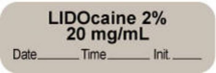 Anesthesia Label with Date, Time & Initial | Tall-Man Lettering (Paper, Permanent) "Lidocaine 2% 20 mg/ml" 1 1/2" x 1/2" Gray - 1000 per Roll