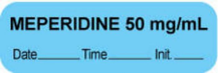 Anesthesia Label with Date, Time & Initial (Paper, Permanent) "Meperidine 50 mg/ml" 1 1/2" x 1/2" Blue - 1000 per Roll