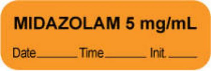 Anesthesia Label with Date, Time & Initial (Paper, Permanent) "Midazolam 5 mg/ml" 1 1/2" x 1/2" Orange - 1000 per Roll