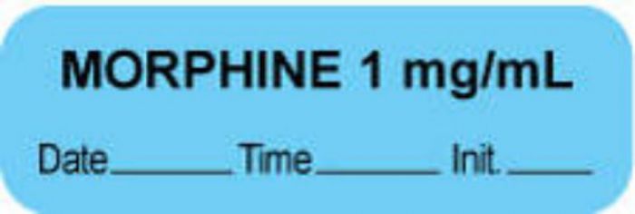 Anesthesia Label with Date, Time & Initial (Paper, Permanent) "Morphine 1 mg/ml" 1 1/2" x 1/2" Blue - 1000 per Roll