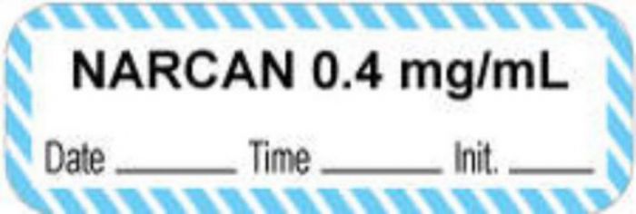 Anesthesia Label with Date, Time & Initial (Paper, Permanent) "Narcan 0.4 mg/ml" 1 1/2" x 1/2" White with Blue - 1000 per Roll
