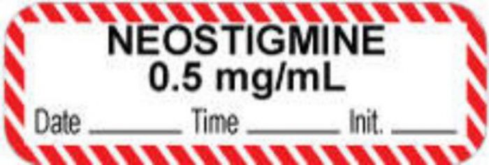 Anesthesia Label with Date, Time & Initial (Paper, Permanent) "Neostigmine 0.5 mg/ml" 1 1/2" x 1/2" White and Fluorescent Red - 1000 per Roll