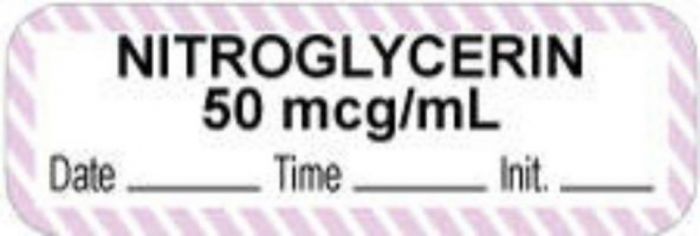 Anesthesia Label with Date, Time & Initial (Paper, Permanent) "Nitroglycerin 50 mcg/ml" 1 1/2" x 1/2" White with Violet - 1000 per Roll
