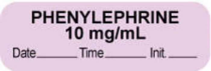 Anesthesia Label with Date, Time & Initial (Paper, Permanent) "Phenylephrine 10 mg/ml" 1 1/2" x 1/2" Violet - 1000 per Roll