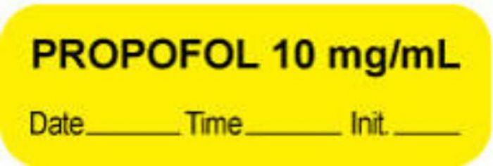 Anesthesia Label with Date, Time & Initial (Paper, Permanent) "Propofol 10 mg/ml" 1 1/2" x 1/2" Yellow - 1000 per Roll
