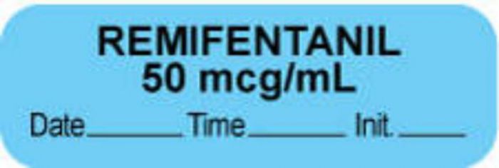 Anesthesia Label with Date, Time & Initial (Paper, Permanent) "Remifentanil 50 mcg/ml" 1 1/2" x 1/2" Blue - 1000 per Roll