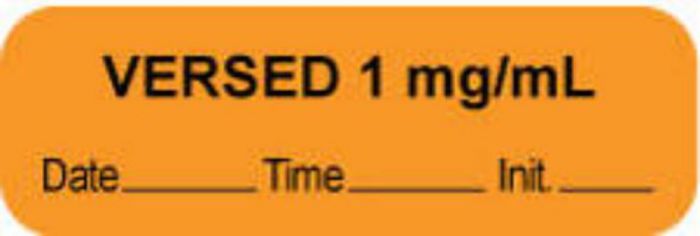 Anesthesia Label with Date, Time & Initial (Paper, Permanent) "Versed 1 mg/ml" 1 1/2" x 1/2" Orange - 1000 per Roll