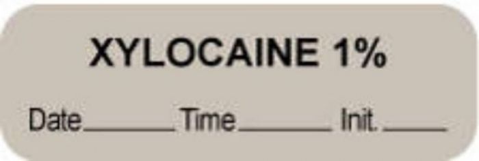 Anesthesia Label with Date, Time & Initial (Paper, Permanent) "Xylocaine 1%" 1 1/2" x 1/2" Gray - 1000 per Roll