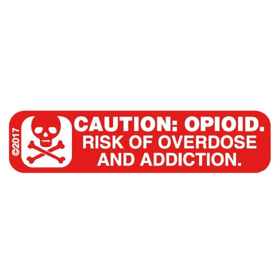 Warning Label "CAUTION: OPIOID Risk of Overdose and Addiction" 1-9/16" x 3/8", Red with White Text, Permanent, 500 per Roll, 2 Rolls per Box