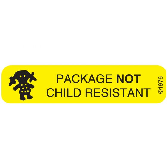 Communication Label (Paper, Permanent) Package Not Child 1 9/16" x 3/8" Yellow - 500 per Roll, 2 Rolls per Box