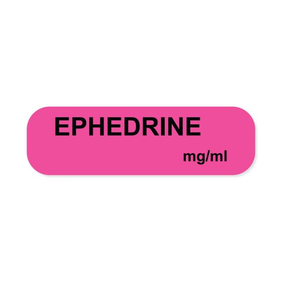 Anesthesia Label (Paper, Permanent) Ephedrine 1 1/4" x 3/8" Fluorescent Pink - 1000 per Roll