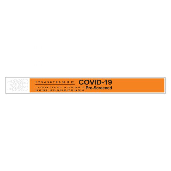 Short Stay® Alert Bands® Tyvek® "COVID-19 Pre-screened" Pre-printed, 1" x 10" Adult/Pediatric Orange, 1000 per Box