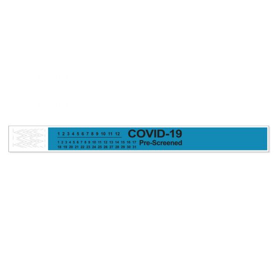 Short Stay® Alert Bands® Tyvek® "COVID-19 Pre-screened" Pre-printed, 1" x 10" Adult/Pediatric Teal, 1000 per Box