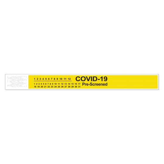 Short Stay® Alert Bands® Tyvek® "COVID-19 Pre-screened" Pre-printed, 1" x 10" Adult/Pediatric Yellow, 1000 per Box