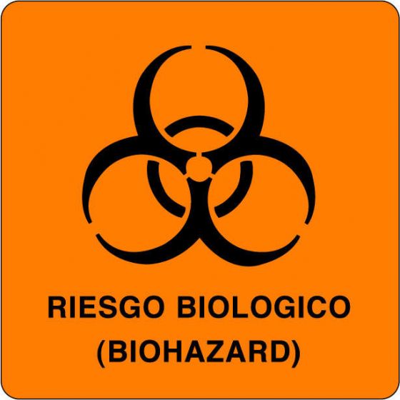 Hazard Label (Vinyl, Adhesive) Riesgo Biologico 3"x3 Fluorescent Orange - 1000 Labels per Roll
