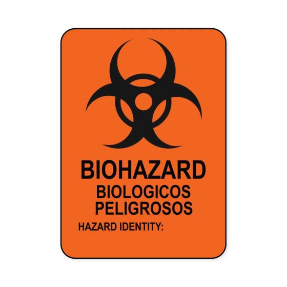 Hazard Label (Paper, Permanent) Biohazard Biologicos 2 1/2"x3 1/2" Fluorescent Orange - 500 Labels per Roll