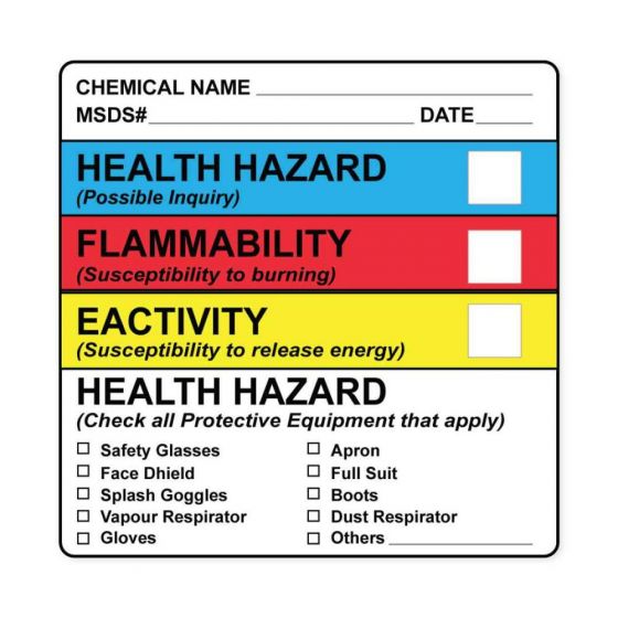 Hazard Label (Paper, Permanent) Chemical Name  4"x4 White - 250 Labels per Roll