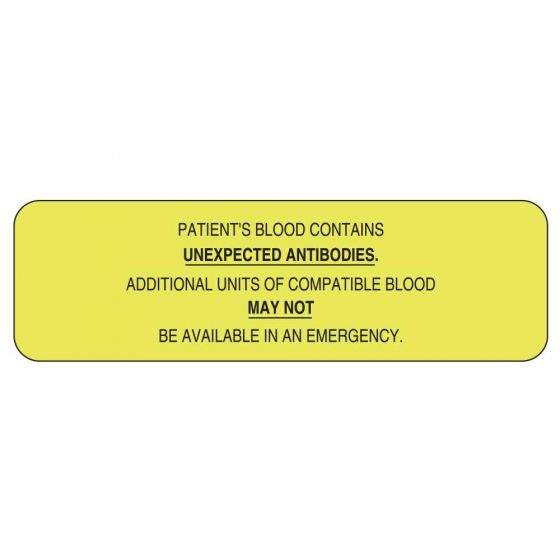 Lab Communication Label (Paper, Permanent) Patients Blood  2 7/8"x7/8" Fluorescent Yellow - 1000 per Roll